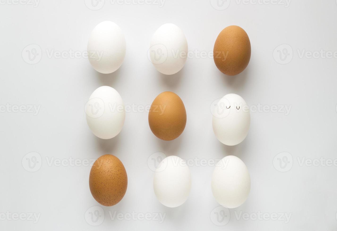 Set of fresh chicken egg in container on white paper background. Concept for Easter with copy space. Creative layout made of white and brown eggs. Top view photo