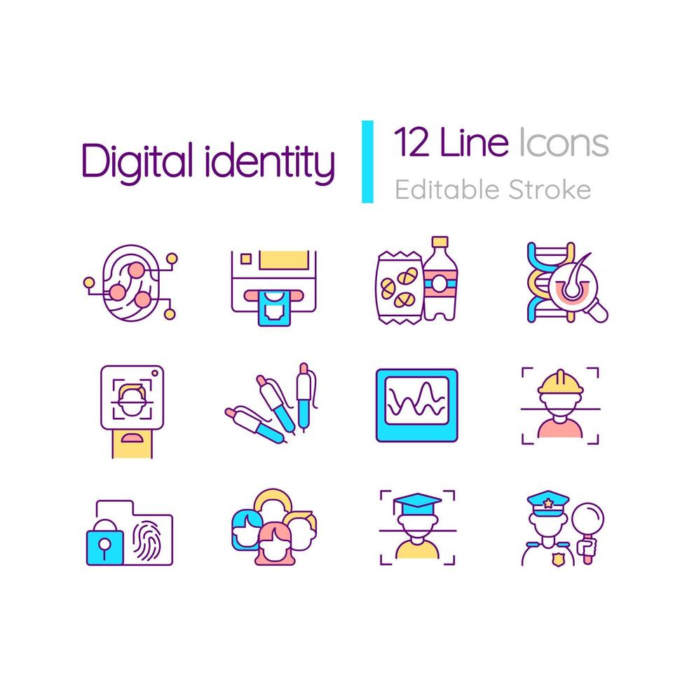 Digital identity RGB color icons set. Biometric data privacy. Scanners for authentication and identification. Isolated vector illustrations. Simple filled line drawings collection. Editable stroke