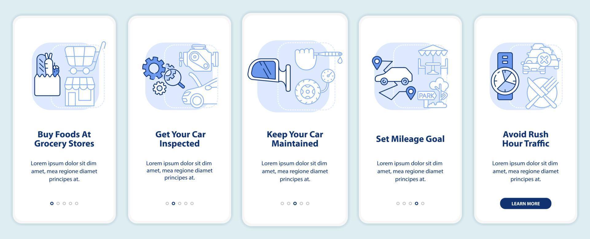 Road trip tips light blue onboarding mobile app screen. Car travel walkthrough 5 steps editable graphic instructions with linear concepts. UI, UX, GUI template. vector