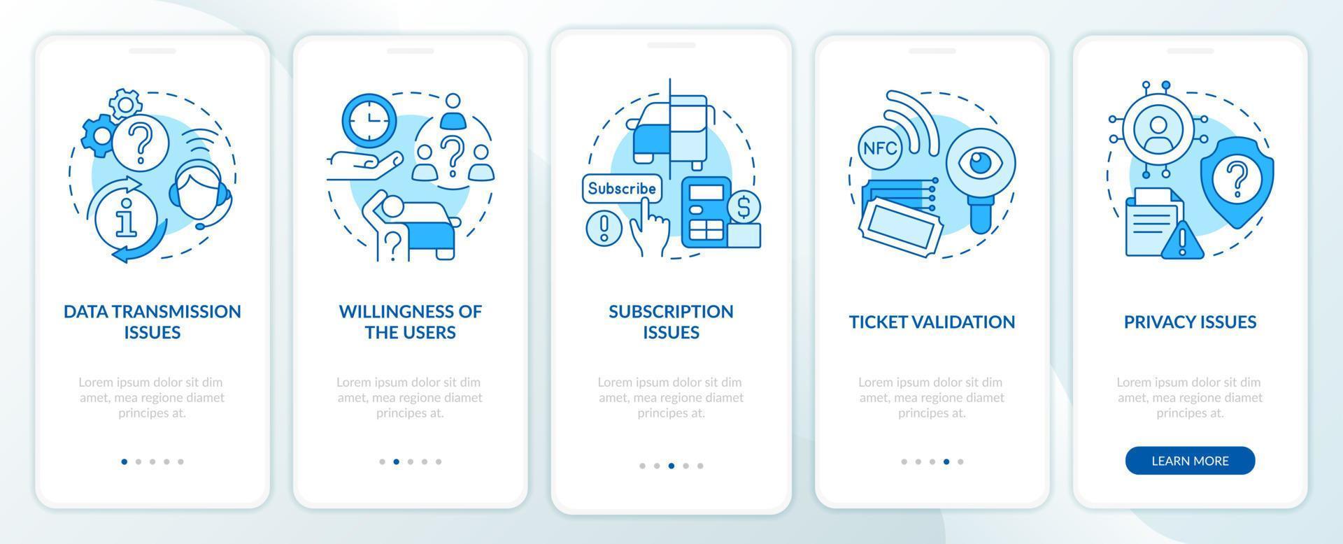MaaS issues blue onboarding mobile app screen. System disadvantages walkthrough 5 steps editable graphic instructions with linear concepts. UI, UX, GUI template. vector