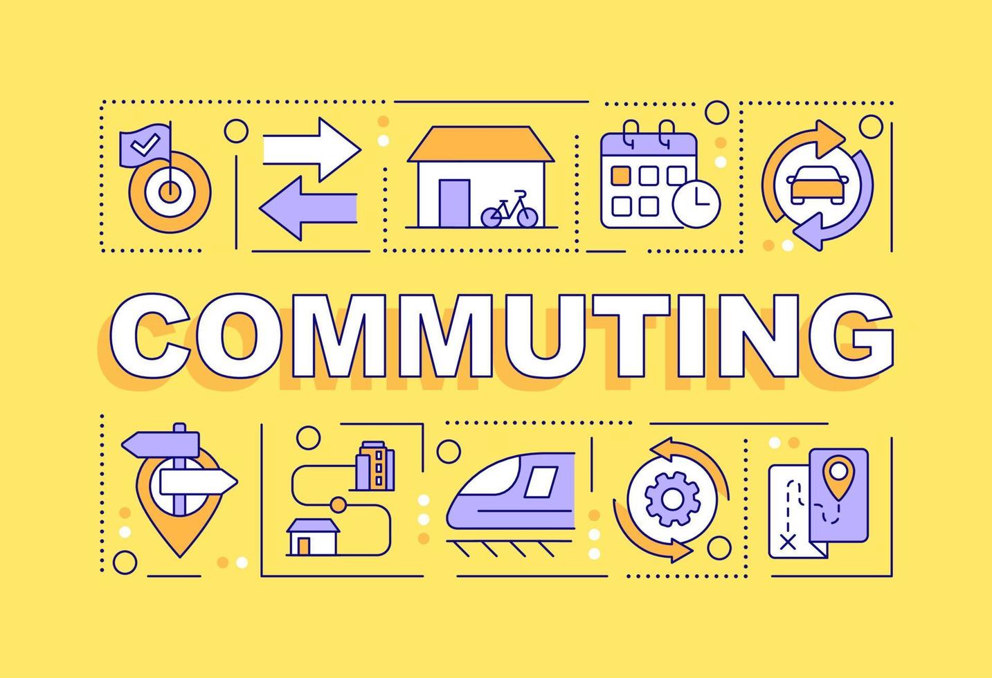 Commuting word concepts yellow banner. Passengers transportation. Infographics with editable icons on color background. Isolated typography. Vector illustration with text.