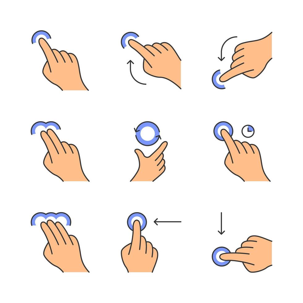 Touchscreen gestures color icons set. Tap, point, click, 2x tap, drag, double click gesturing. Flick left and flick down. Vertical scroll up, scroll down. Touch and hold. Isolated vector illustrations
