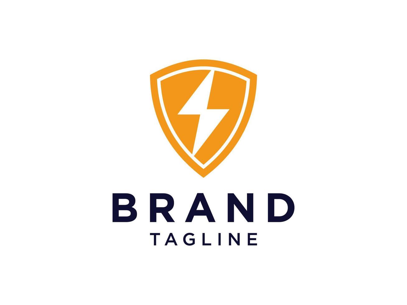 Electric Security Logo. Orange Shield with Negative Space Flash Thunderbolt isolated on White Background. Usable for Business, Industrial and Technology Logos. Flat Vector Logo Design Template.