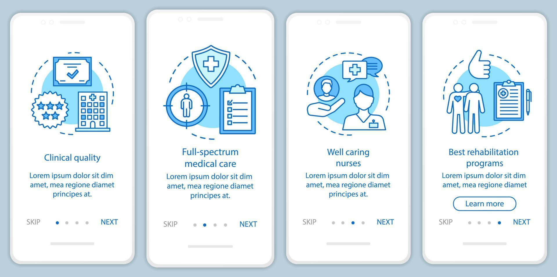 los beneficios del servicio médico incorporan la plantilla de vector de pantalla de la página de la aplicación móvil. atención médica de calidad, rehabilitación. paso a paso del sitio web con ilustraciones. ux, ui, concepto de interfaz de teléfono inteligente gui