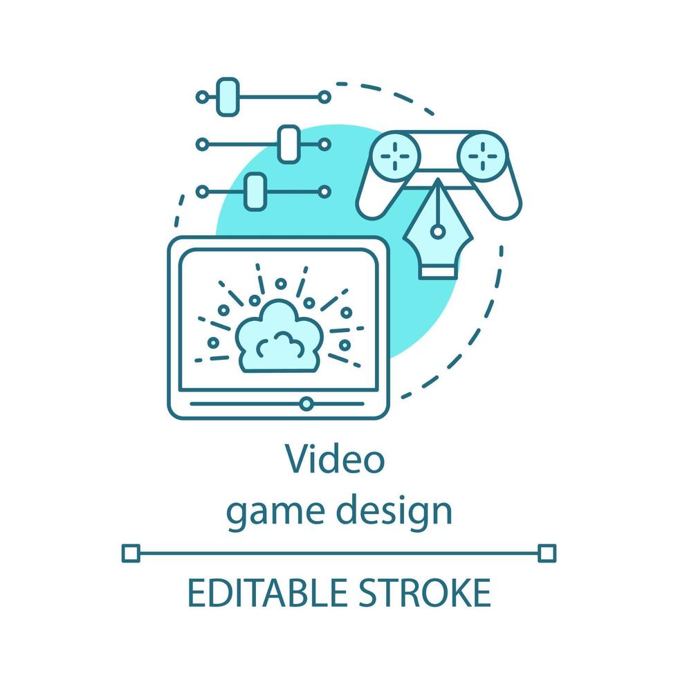 Video game design concept icon. Gamepad screen, controller, sliders. User interface creation. Change settings idea thin line illustration. Vector isolated outline drawing. Editable stroke