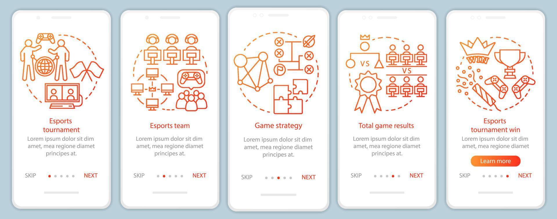 Esports tournament onboarding mobile app page screen vector template. Cyber sport championship. Walkthrough website steps with linear illustrations. UX, UI, GUI smartphone interface concept