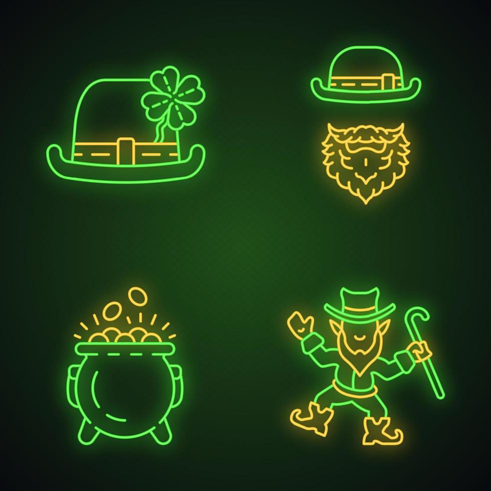 Saint Patrick Day neon light icons set. Feast of St. Patrick. Leprechauns, bowler hat with four leaf clover, pot of gold. Glowing signs. Vector isolated illustrations