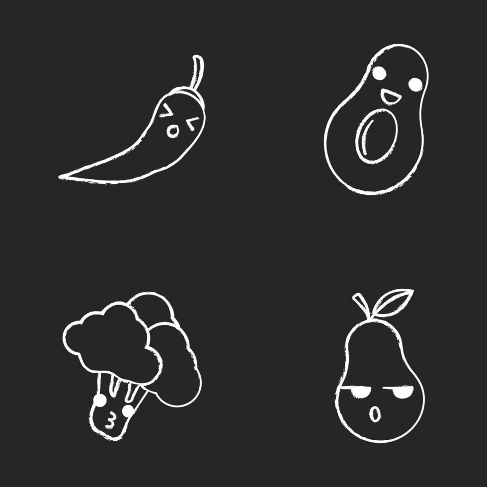 verduras y frutas conjunto de lindos personajes de tiza kawaii. aguacate, brócoli con cara sonriente. perseverar chile, pera seria. emoji divertido, emoticono, sonrisa. ilustración de pizarra aislada vectorial vector