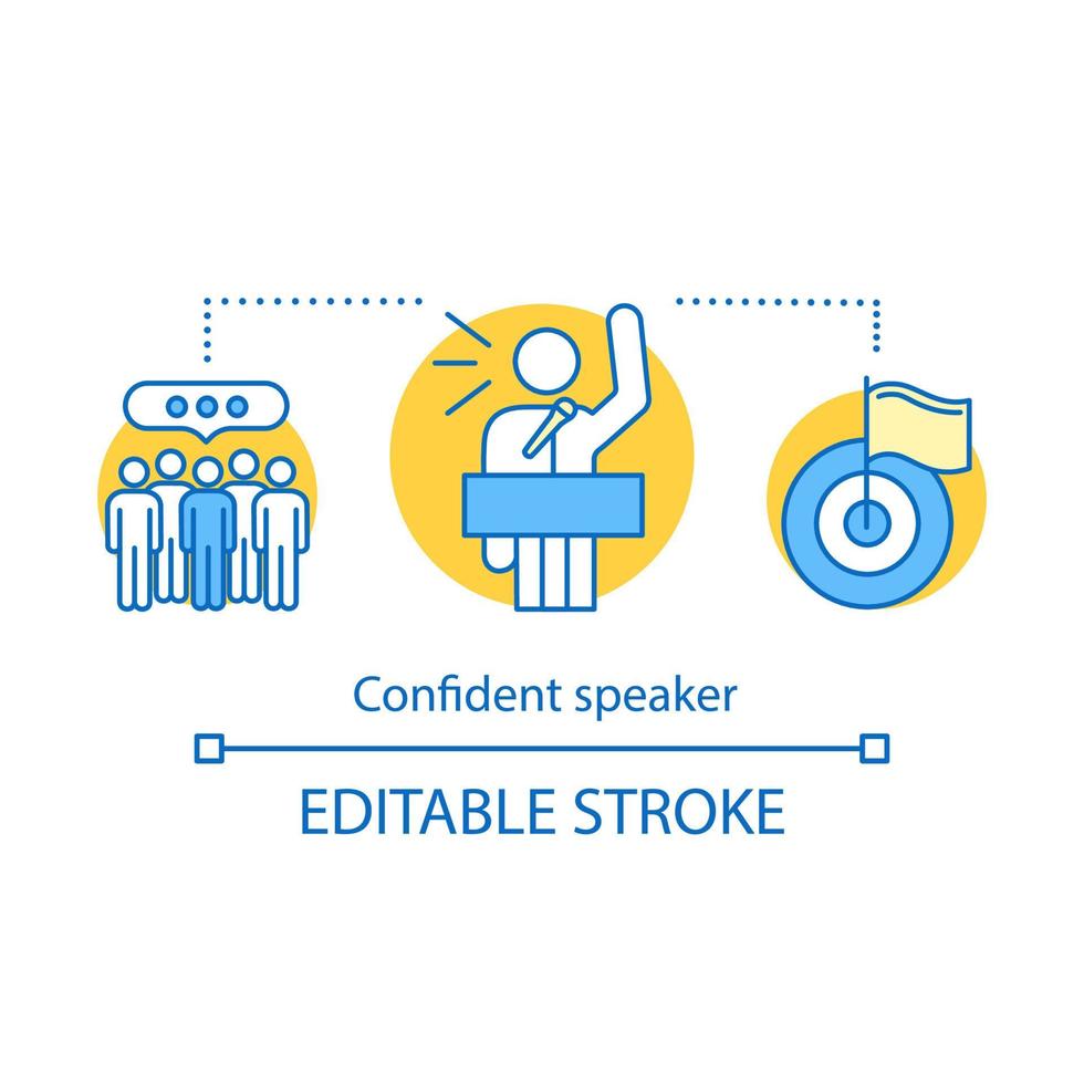 Confident speaker concept icon. Leader speech tips. Politician. Leadership skills. Meeting, protest. Public speaking idea thin line illustration. Orator. Vector isolated outline drawing