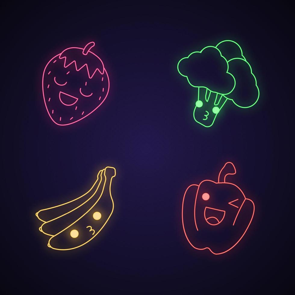 Vegetables and fruits cute kawaii neon light characters. Strawberry and papper with smiling face. Happy broccoli and banana. Funny emoji, emoticon, smile. Glowing icons. Vector isolated illustration