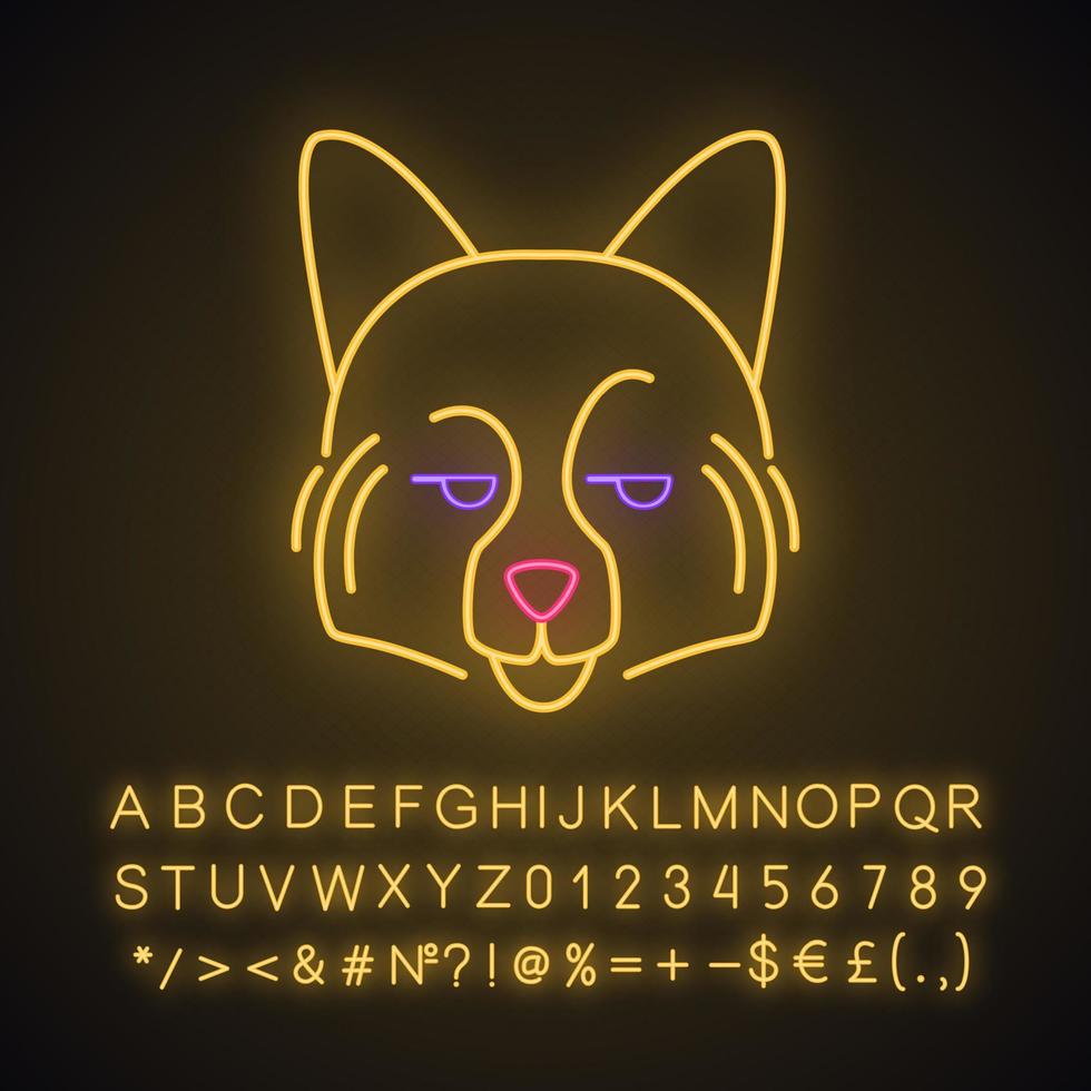 German Spitz cute kawaii neon light character. Dog with smirking muzzle. Animal with eyes looking to side. Funny emoji, emoticon. Glowing icon, alphabet, numbers, symbols. Vector isolated illustration