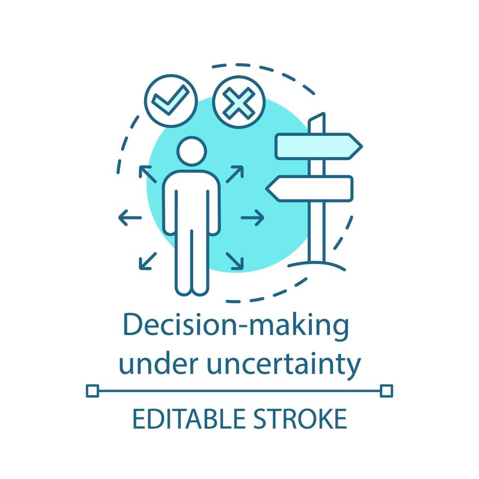 Decision-making under uncertainty concept icon. Ways to solve problem. Man at crossroads. Choosing right path idea thin line illustration. Vector isolated outline drawing. Editable stroke
