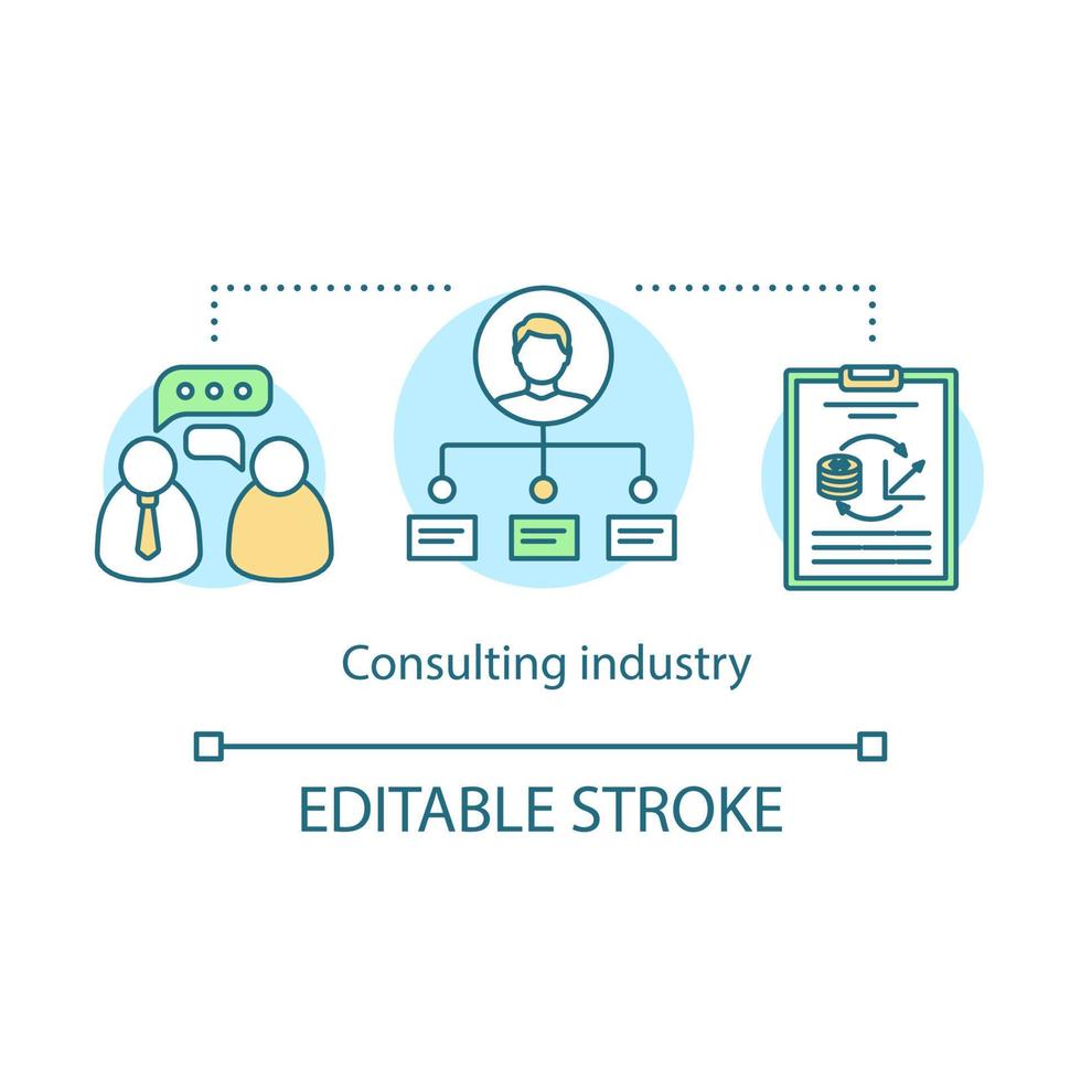 Consulting industry concept icon. Seminar for managers. Training center work. Consultancy plan. Business lection idea thin line illustration. Vector isolated outline drawing. Editable stroke
