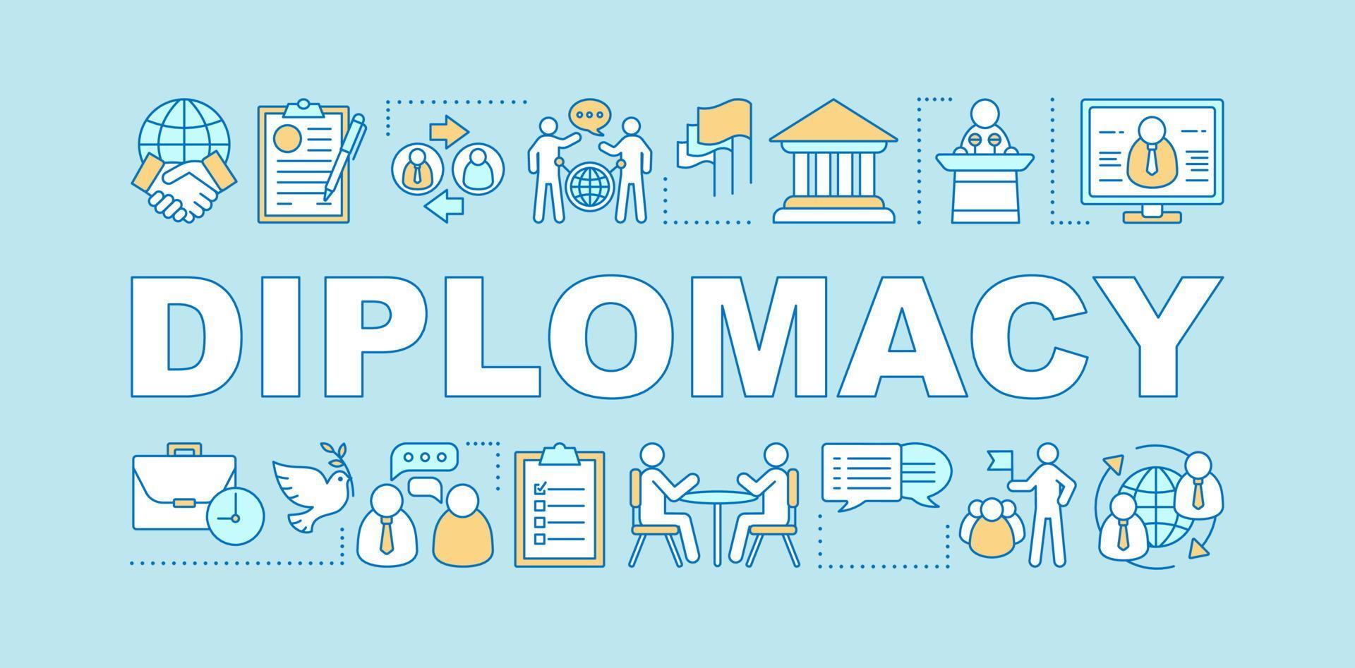 banner de conceptos de palabras de diplomacia. comunicación, habilidades para hablar en público. negociaciones. ambiente corporativo. idea de tipografía de letras aisladas con iconos lineales. ilustración de contorno vectorial vector