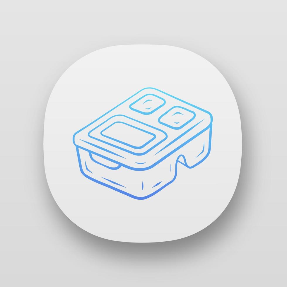 icono de aplicación de caja de almuerzo reutilizable. Respetuoso con el medio ambiente, material reciclado. contenedor de almacenamiento de alimentos. envases de plástico interfaz de usuario ui ux. aplicaciones web o móviles. ilustración vectorial aislada vector