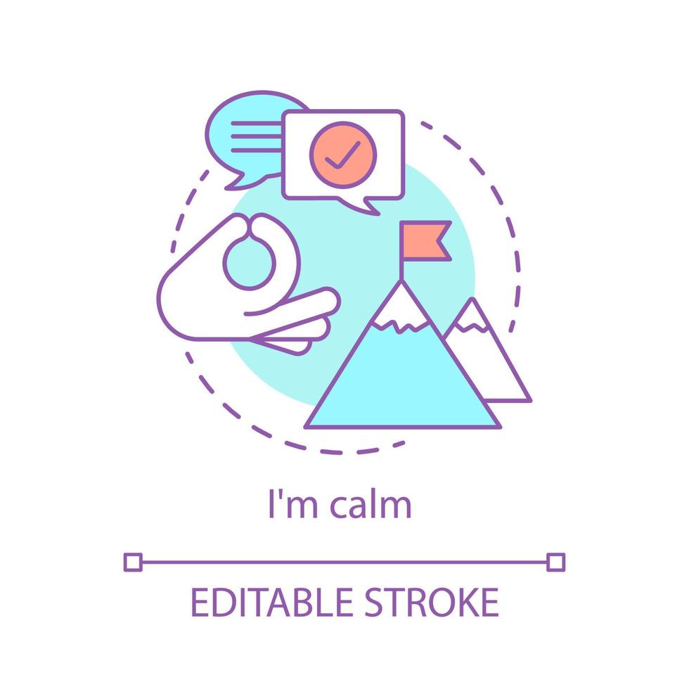 Calm concept icon. Quiet idea thin line illustration. Mountain tourism. Goal achievement. Consideration of emotion mood. Keeping calm attitude. Vector isolated outline drawing. Editable stroke