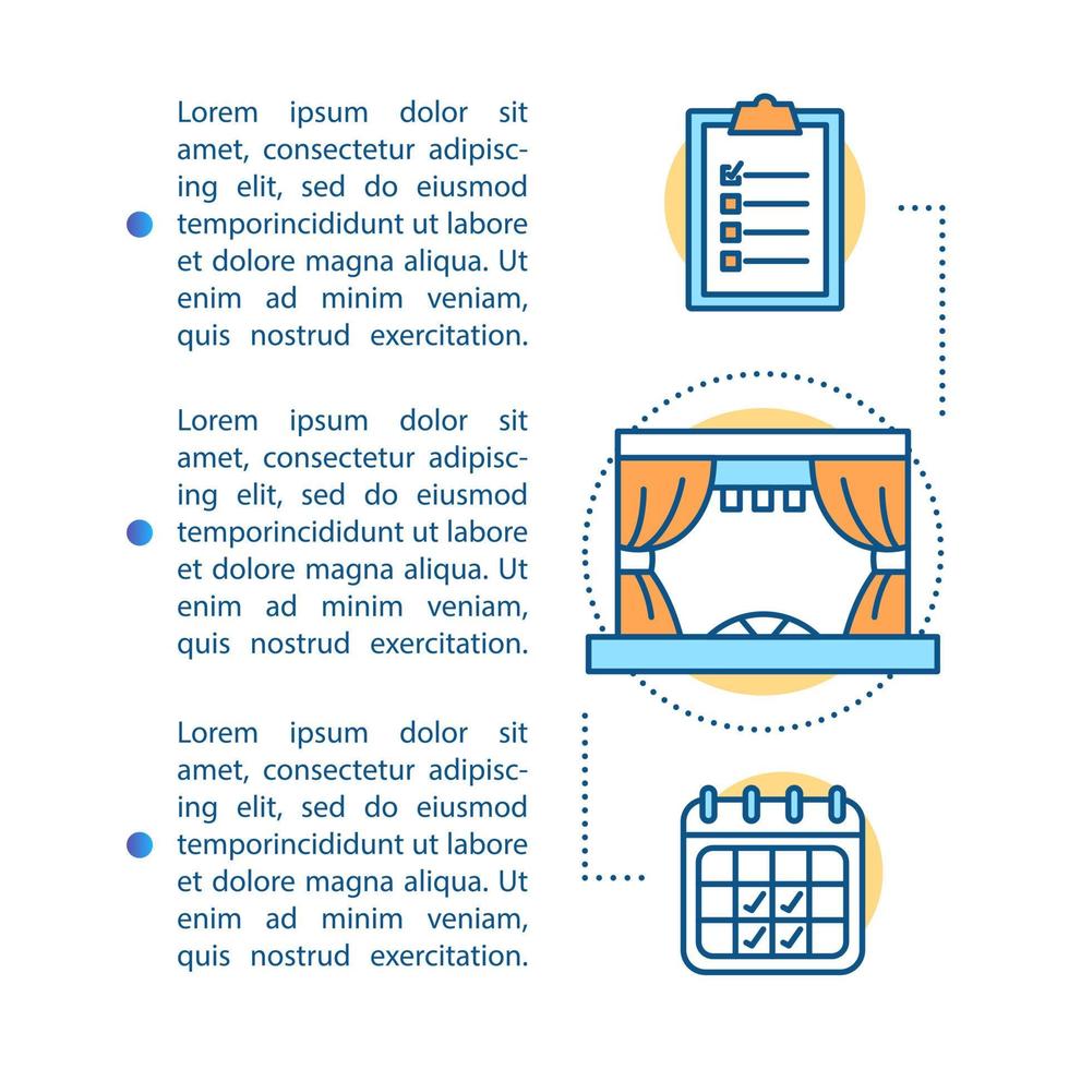 plantilla de vector de página de artículo de teatro. estreno de espectáculo. lista de verificación de eventos cinematográficos. folleto, elemento de diseño de folleto con iconos lineales y cuadros de texto. diseño de impresión. ilustraciones conceptuales con espacio de texto