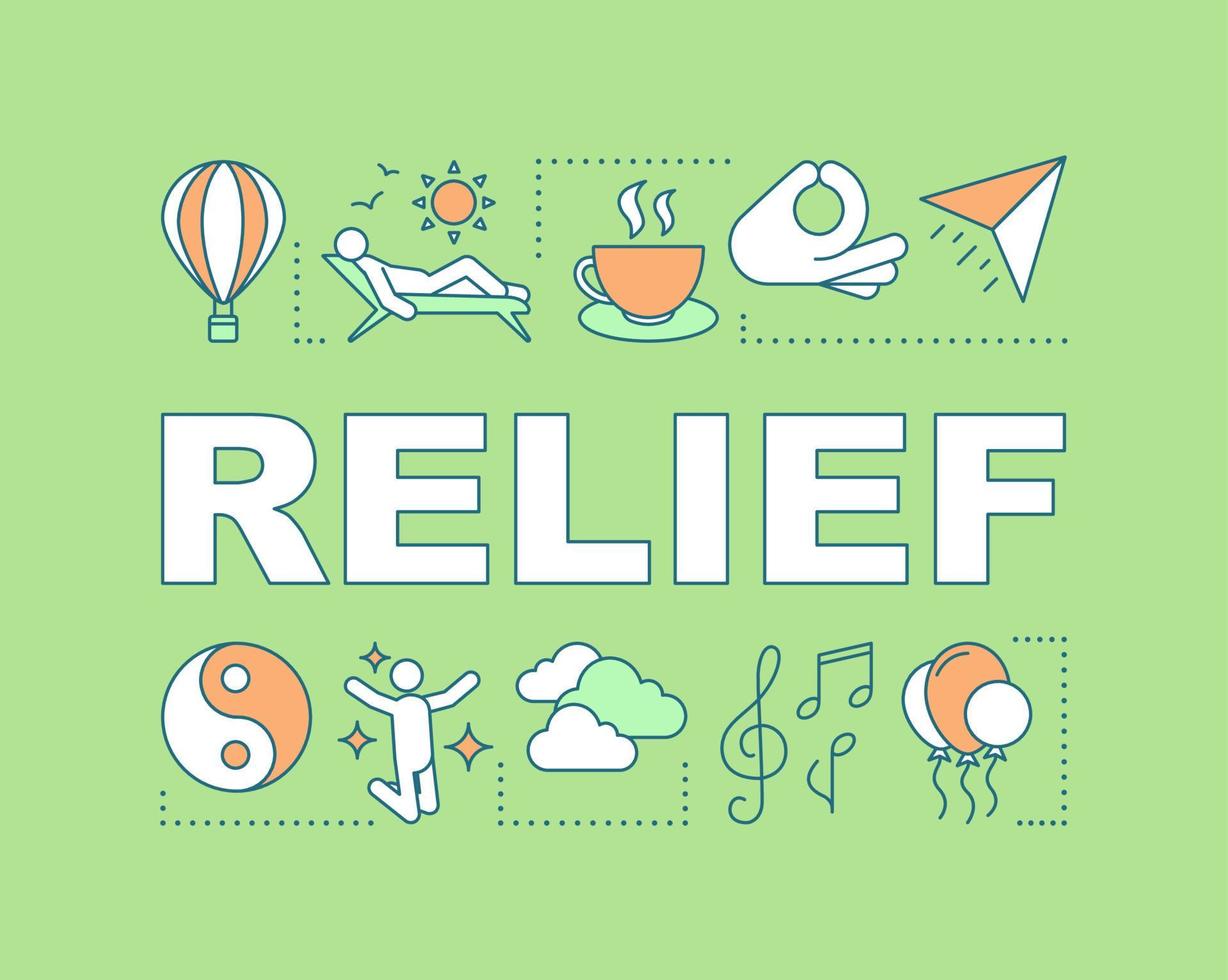 Relief word concepts banner. Rest, relax. Hobby, listening to music. Friendly communication. Presentation, website. Isolated lettering typography idea with linear icons. Vector outline illustration