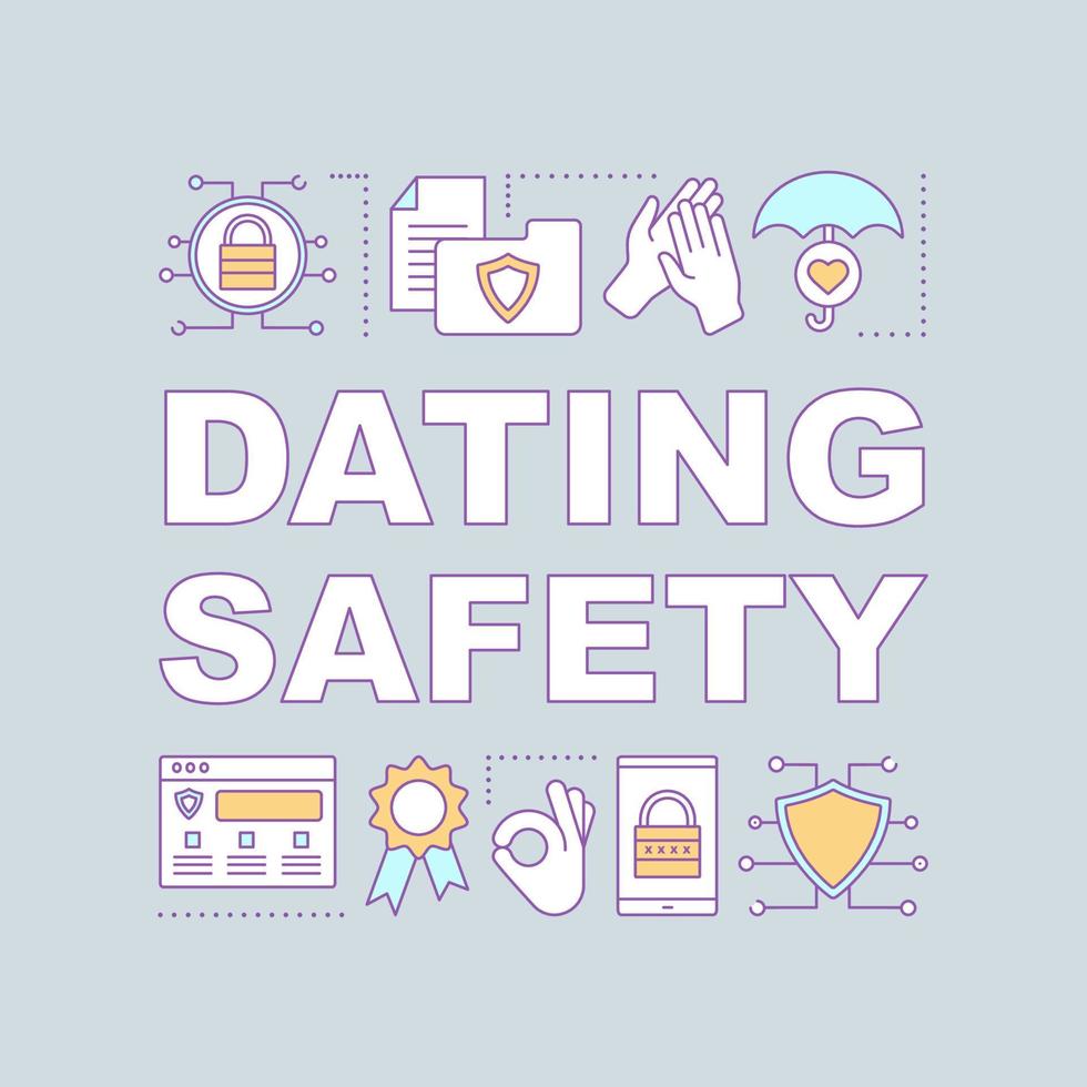 Dating safety word concepts banner. Privacy protection. Online cybersecurity. Padlock, shield. Presentation, website. Isolated lettering typography idea with linear icons. Vector outline illustration
