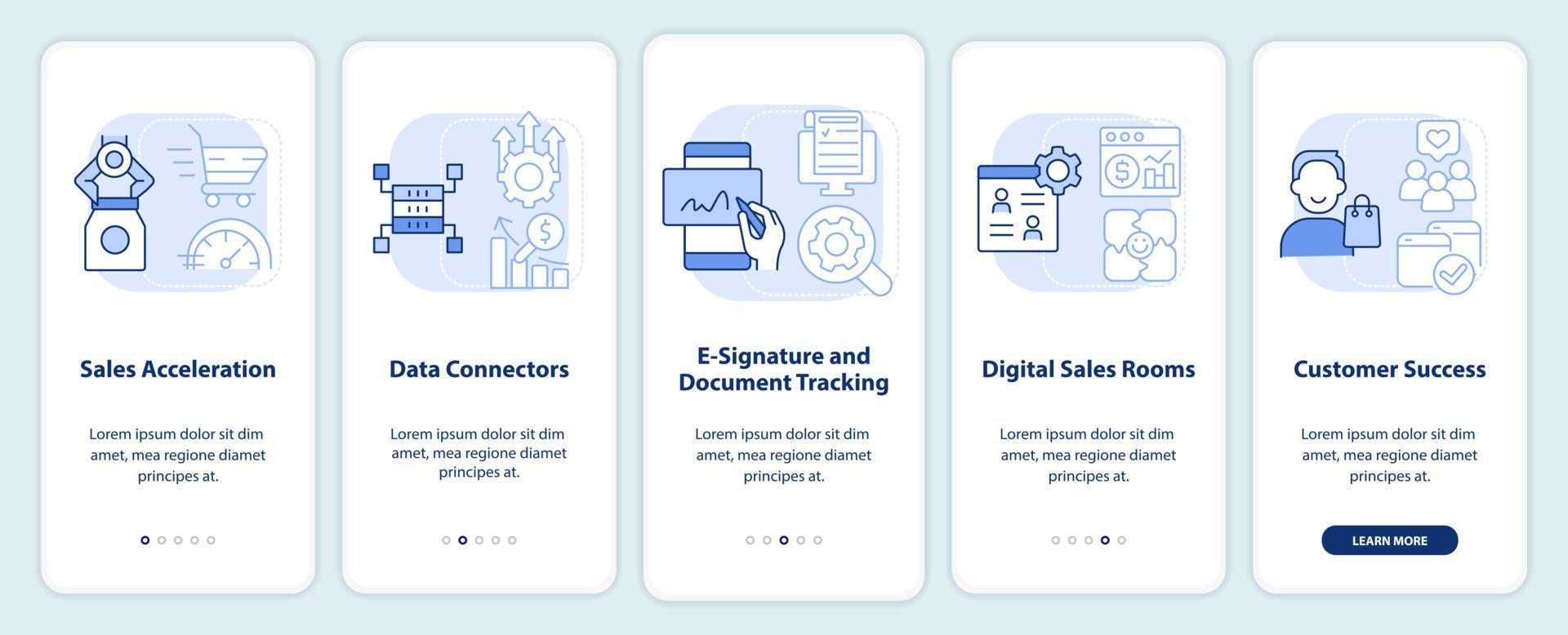 pantalla de aplicación móvil de incorporación de herramientas de ventas azul claro. tutorial de marketing 5 pasos instrucciones gráficas editables con conceptos lineales. interfaz de usuario, ux, plantilla de interfaz gráfica de usuario. vector