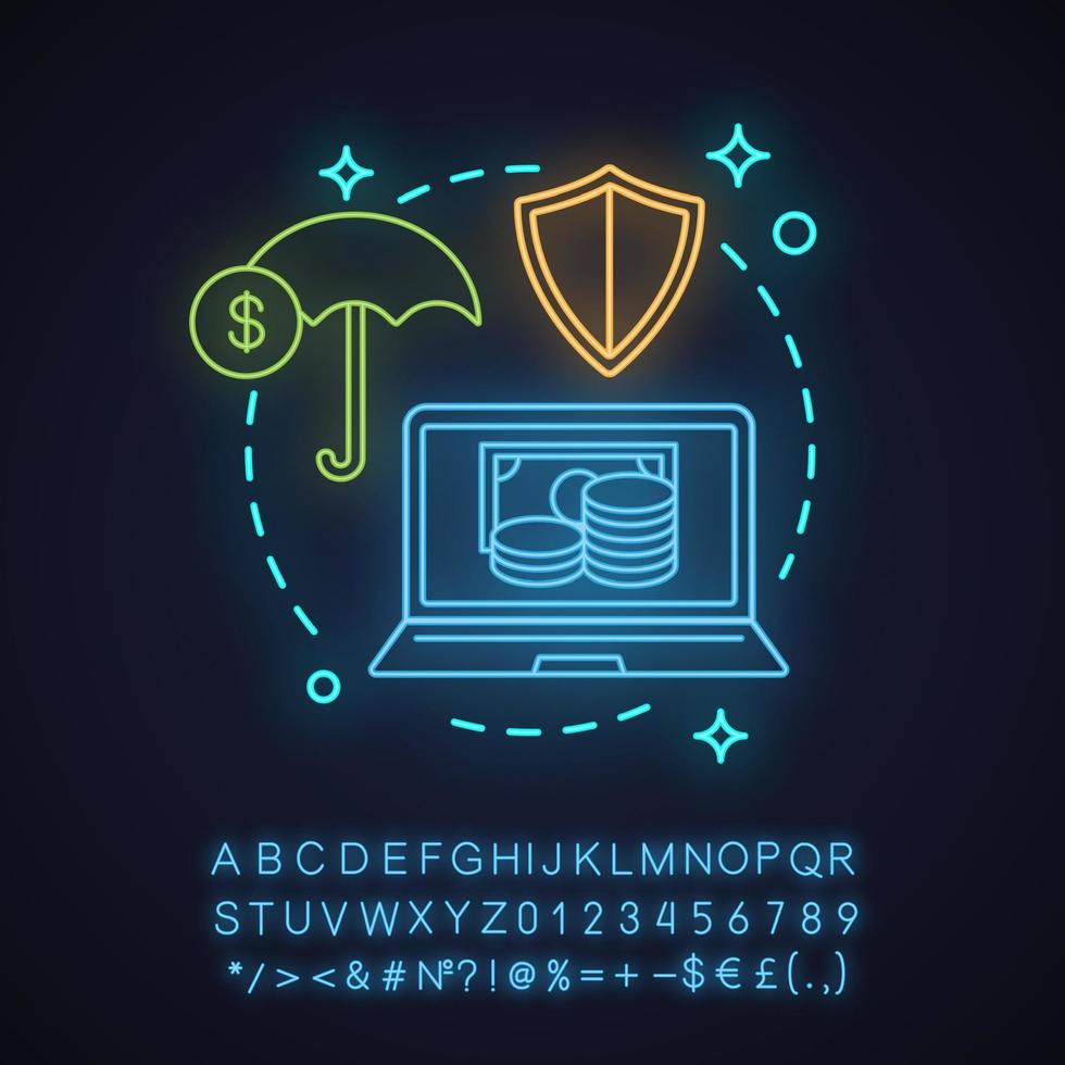 Payment security neon light concept icon. E-payment. Safe money transaction idea. Online banking. Finance insurance. Digital investment. Glowing alphabet, numbers. Vector isolated illustration