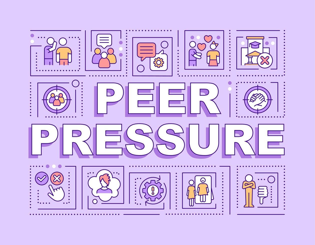 Peer pressure word concepts purple banner. Adolescence issues. Infographics with editable icons on color background. Isolated typography. Vector illustration with text.