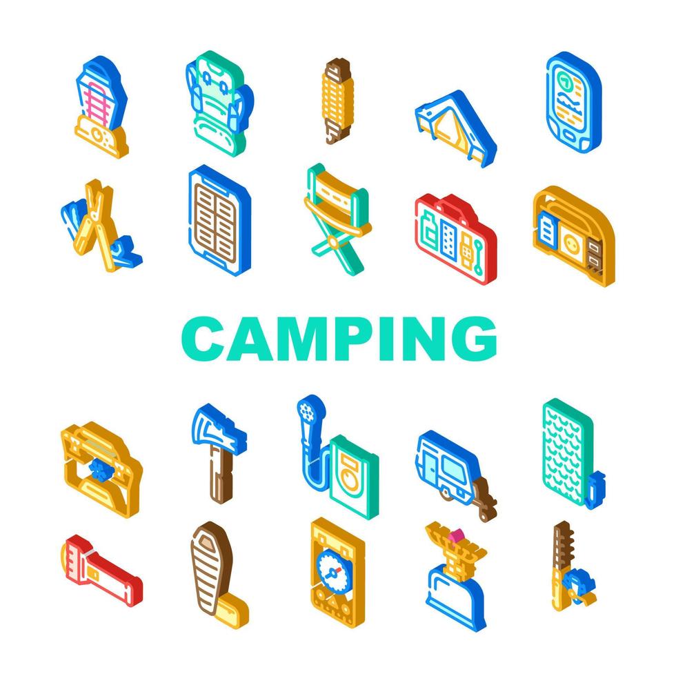 Camping Hiker Tool And Gadget Icons Set Vector