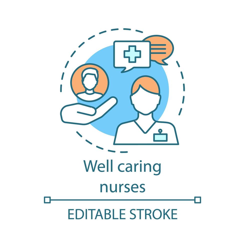 Well caring nurses concept icon. Healthcare assistance. Follow doctor recommendations. Patient help. Nursing service idea thin line illustration. Vector isolated outline drawing. Editable stroke