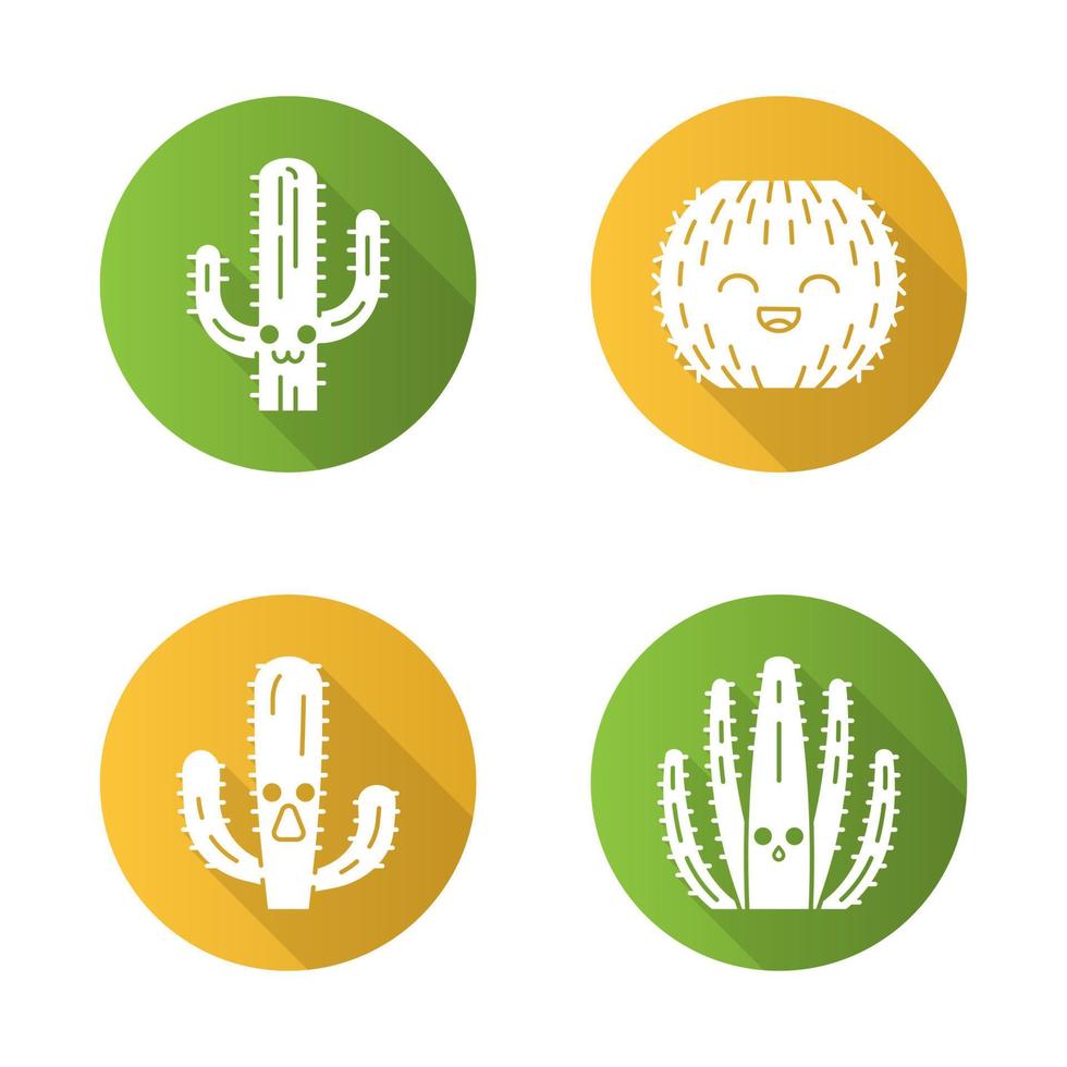 Cactuses flat design long shadow glyph icons set. Plants with smiling faces. Laughing barrel cactus. Astonished elephant wild cacti. Botanical garden. Succulent plants. Vector silhouette illustration