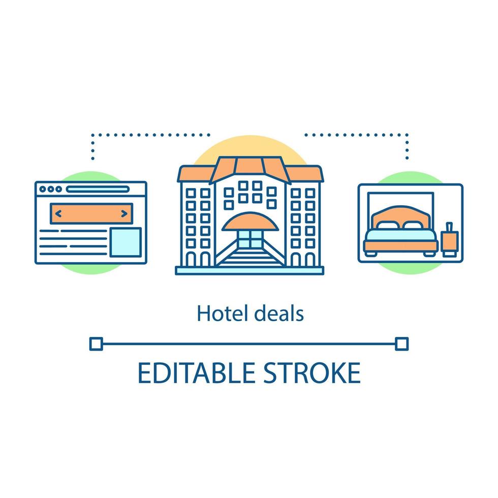 Hotel deals concept icon. Room reservation. Apartment, suite booking website. Hostel, dormitory. Idea thin line illustration. Vector isolated outline drawing. Editable stroke