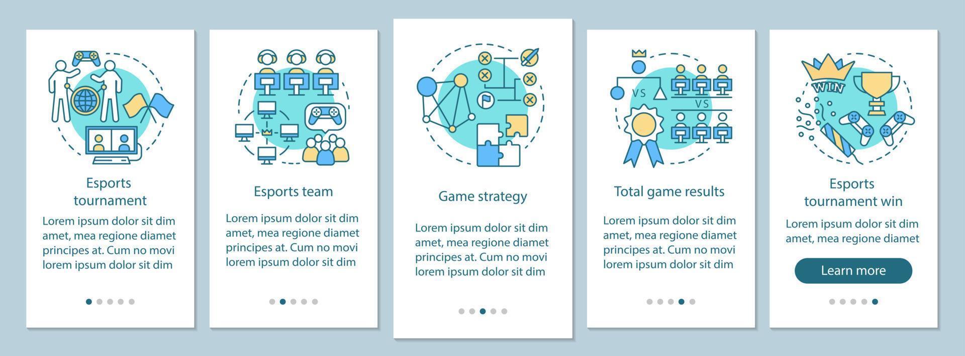 pantalla de la página de la aplicación móvil de incorporación del torneo de esports con conceptos lineales. instrucciones gráficas de los pasos del tutorial de las competiciones de videojuegos en línea. ux, ui, plantilla vectorial gui con ilustraciones vector