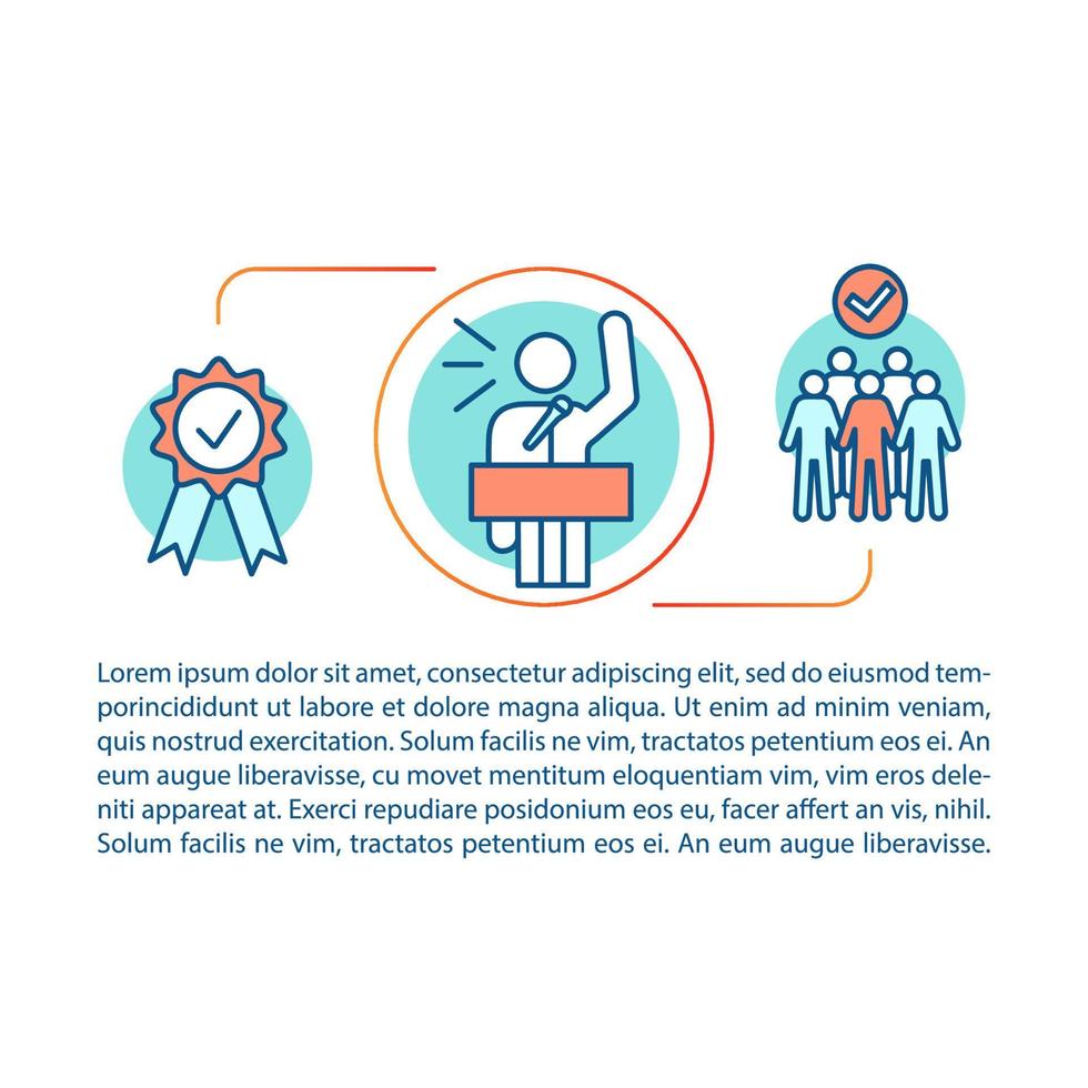 Confident speaker article page vector template. Leader speech tips. Politician. Leadership skills. Public speaking. Brochure, magazine, booklet design with linear icons and text. Concept illustrations