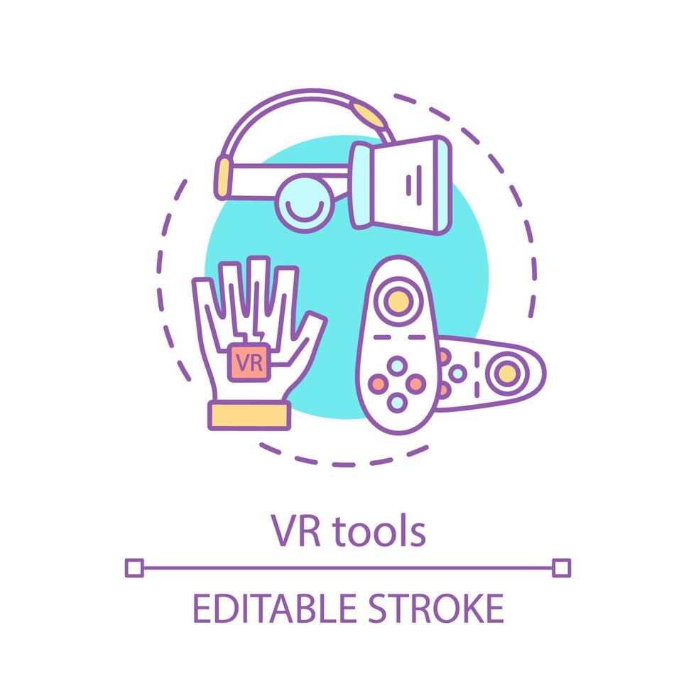 icono de concepto de herramientas vr. dispositivos de realidad virtual. auriculares, guantes, controladores. guante háptico vr, control remoto, gafas idea ilustración de línea delgada. dibujo de contorno aislado vectorial. trazo editable vector