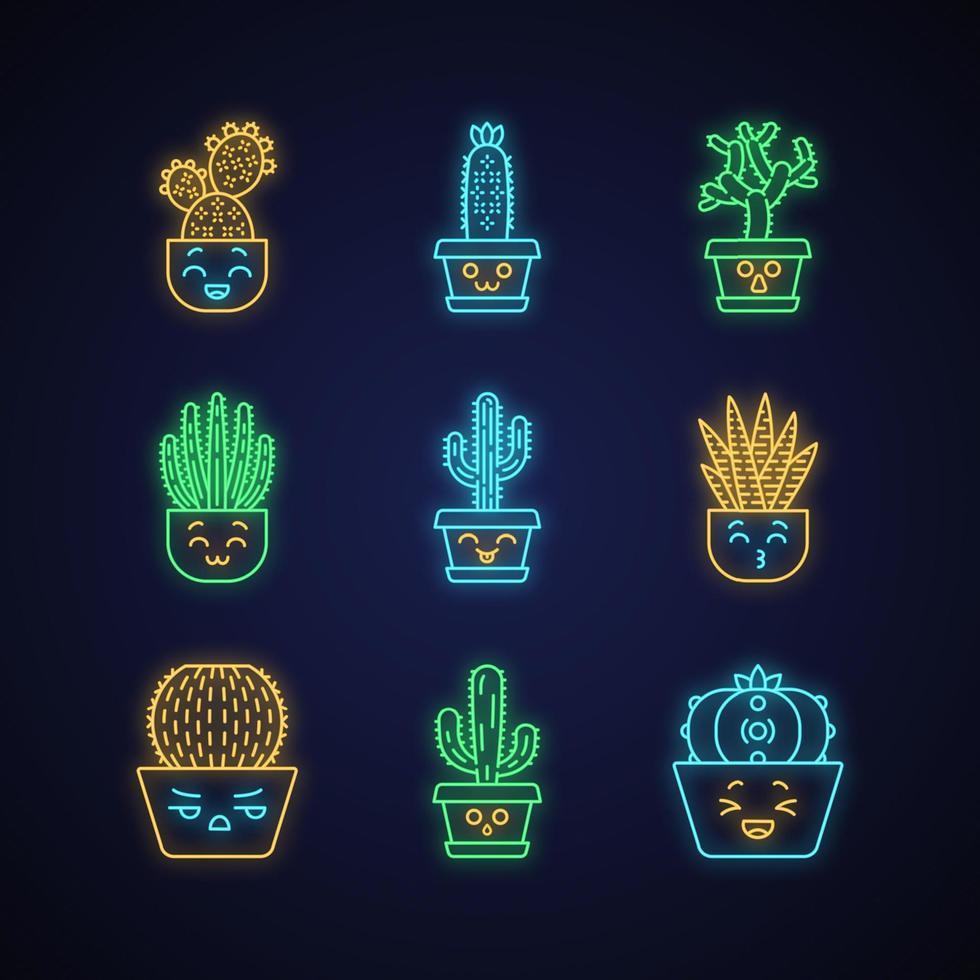 cactus lindos personajes de luz de neón kawaii. planta con cara sonriente. besando cactus cebra en maceta. emoji divertido, juego de emoticonos. iconos brillantes con alfabeto, números, símbolos. ilustración vectorial aislada vector