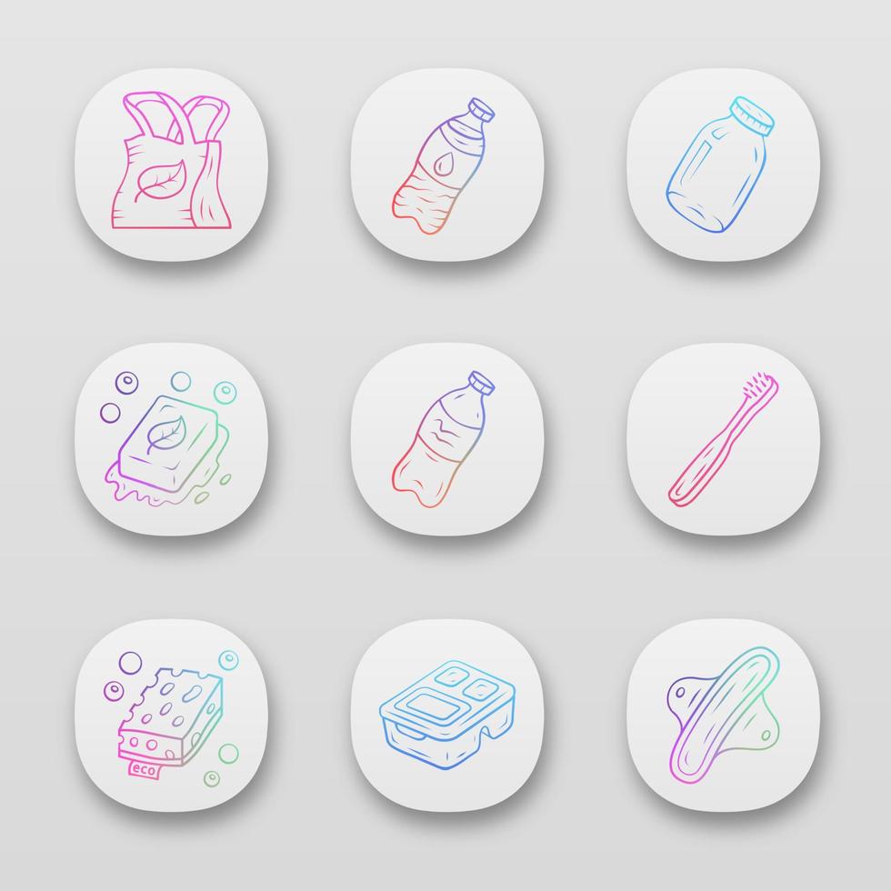 Zero waste swaps handmade app icons set. Eco friendly products. Reusable lunch box, eco sponges, plastic bottle. UI UX user interface. Web or mobile applications. Vector isolated illustrations