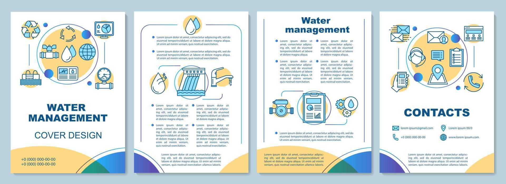Water management brochure template layout. Flyer, booklet, leaflet print design. Water supply and sanitation. Hydroelectricity. Vector page layouts for magazines, annual reports, advertising posters
