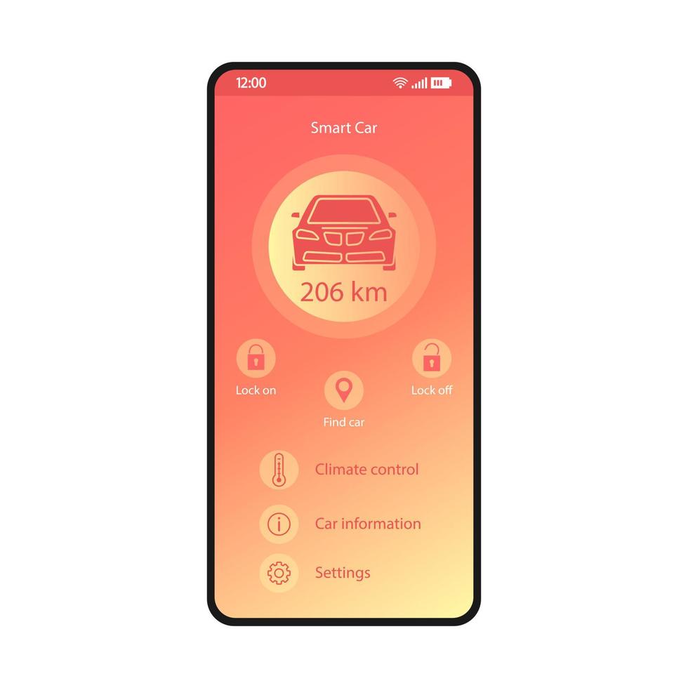 Smart car control app mobile interface vector template. Smartphone application page coral design layout. Autnomous remote controller screen flat gradient UI. Vehicle features, settings phone display