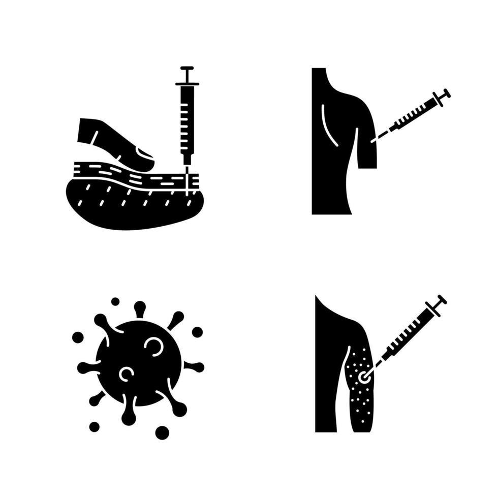 Vaccination and immunization glyph icons set. Silhouette symbols. Subcutaneous injection, flu shot, influenza virus, vaccine allergy. Vector isolated illustration