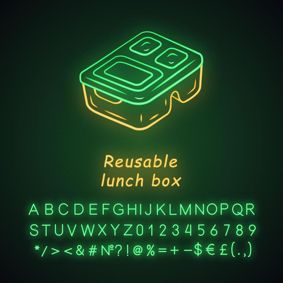 Reusable lunch box neon light icon. Environmentally friendly material. Food storage container. Plastic food packaging. Glowing sign with alphabet, numbers and symbols. Vector isolated illustration