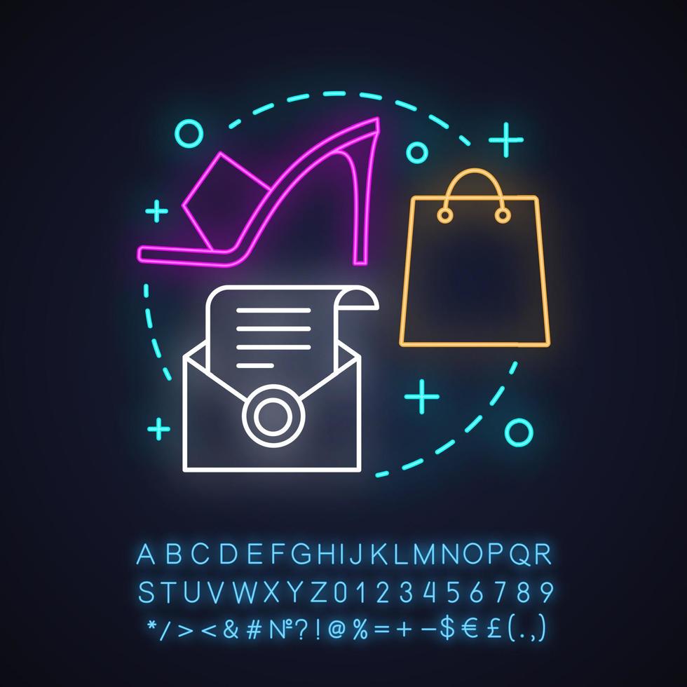 Icono de concepto de luz de neón de compras de ropa. idea de tienda de ropa. tacón alto, zapato, cheque, bolsa de compras. signo brillante con alfabeto, números y símbolos. ilustración vectorial aislada vector