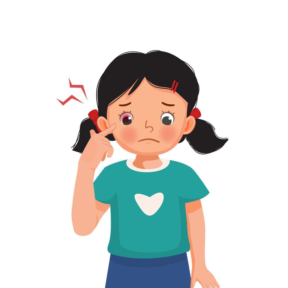 cute little girl has eye pain, conjunctivitis or pink eye, swollen eyes because of irritation or inflammation allergies to dust vector
