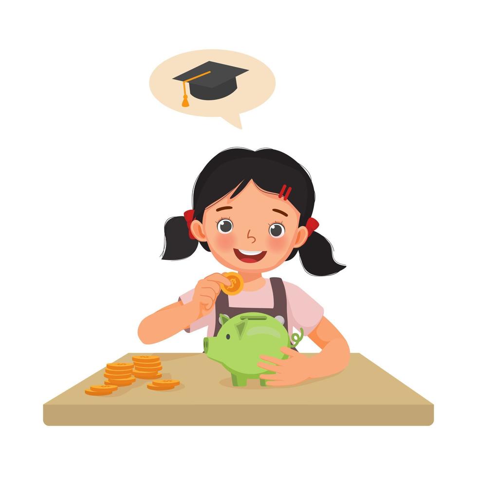 Cute little girl putting coins into a piggy bank saving money on her higher education or for collage vector