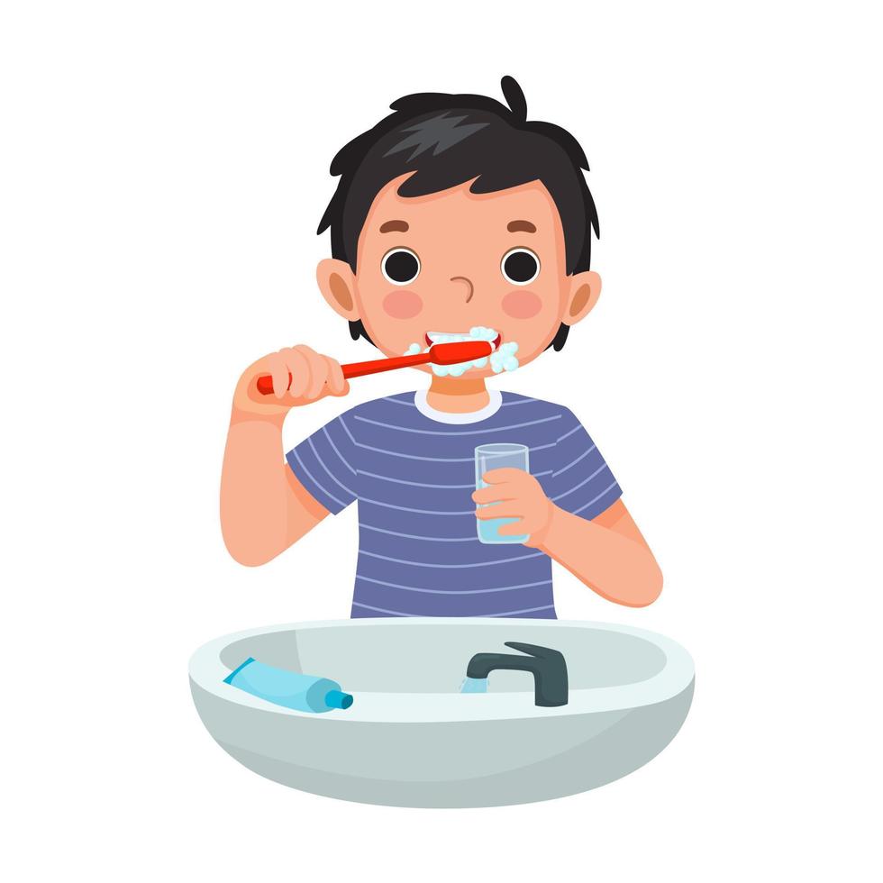 cute little boy brushing teeth with toothpaste holding a glass of water for cleaning daily routine hygiene activity vector
