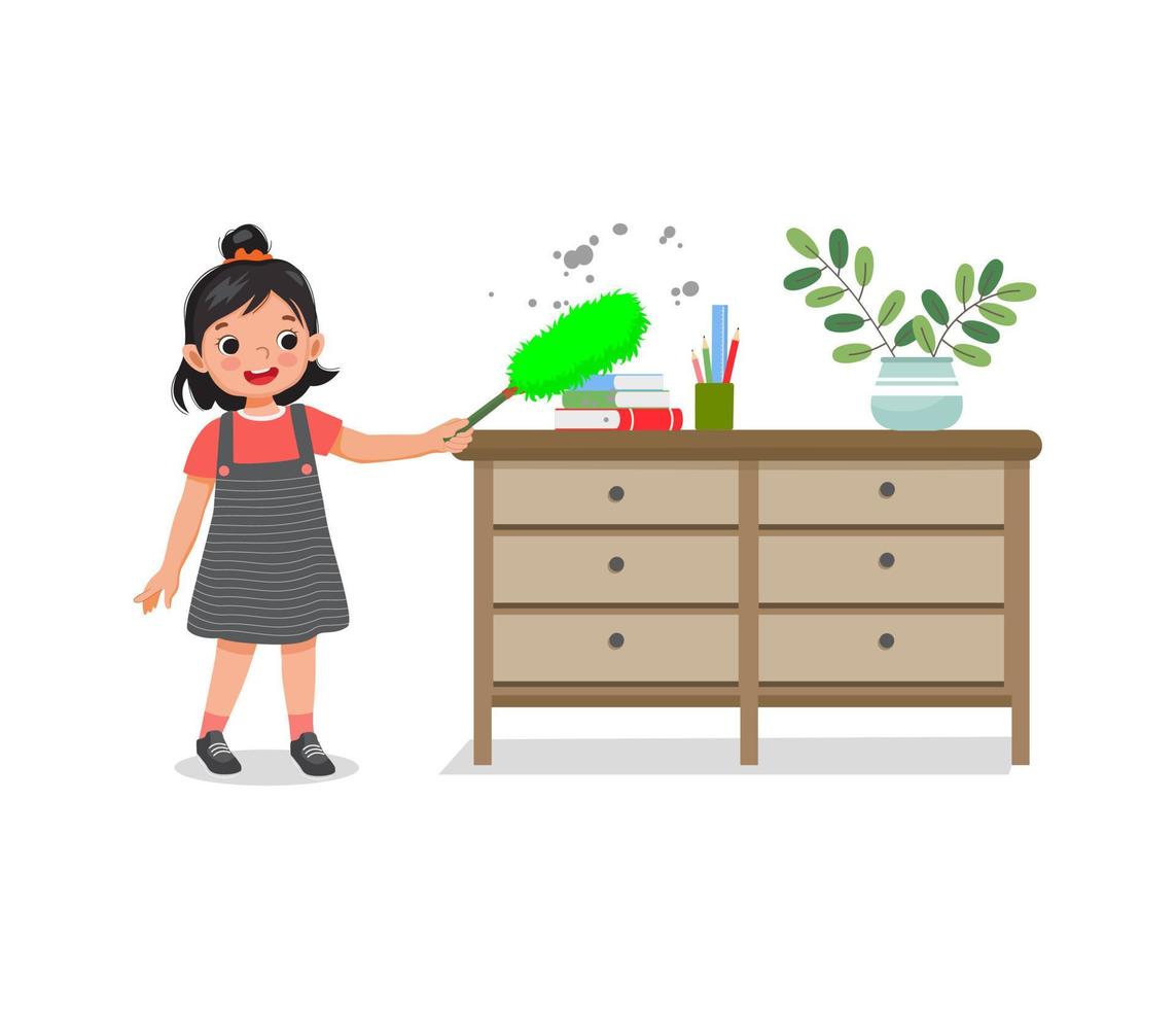 cute little girl cleaning the cupboard furniture with a feather duster doing housework chores at home vector