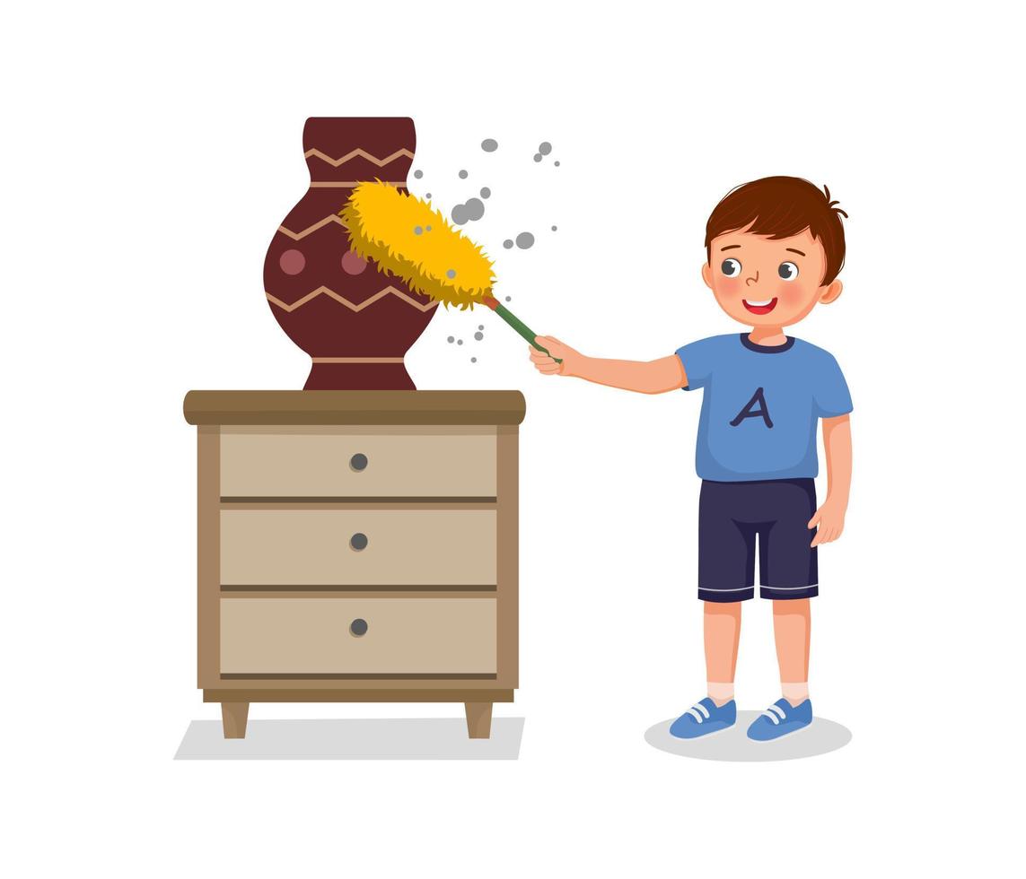 cute little boy cleaning the vase, cupboard furniture with a feather duster doing housework chores at home vector