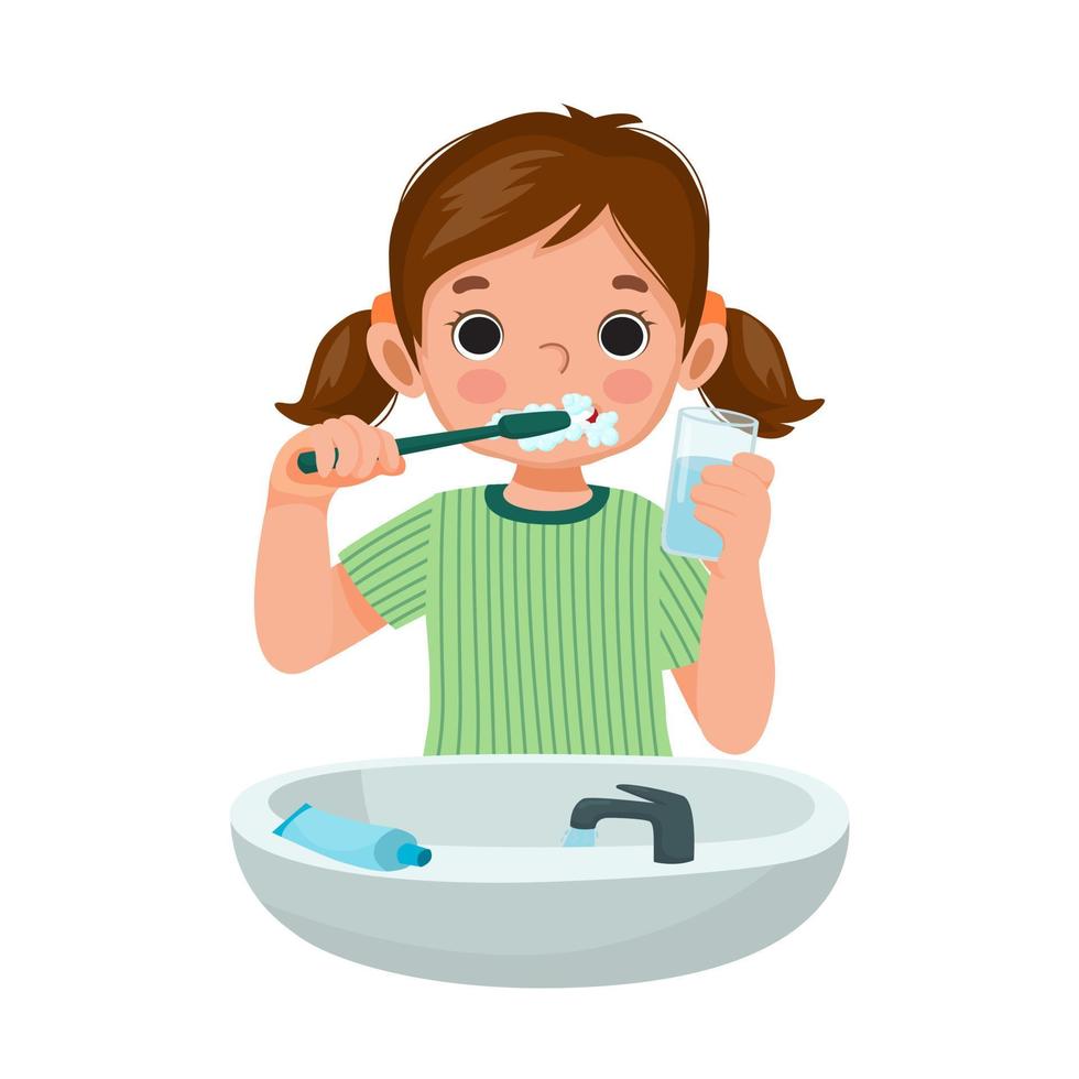 cute little girl brushing teeth with toothpaste holding a glass of water for cleaning daily routine hygiene activity vector