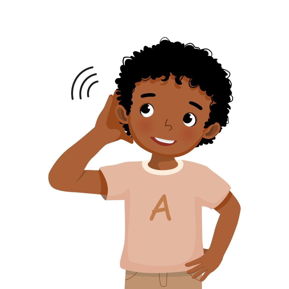 lindo niño africano con problemas de audición intenta escuchar atentamente llevándose la mano a la oreja vector