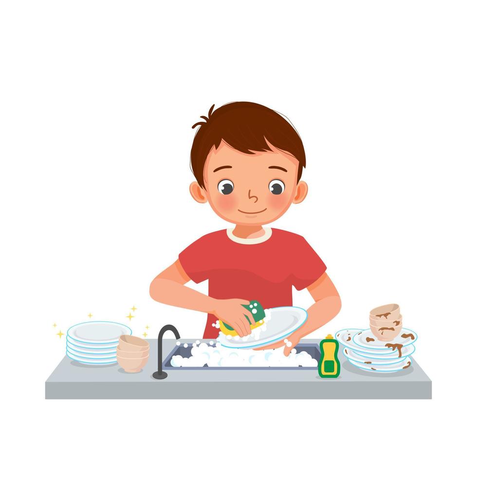 feliz y lindo niño lavando platos parado en el fregadero de la cocina haciendo tareas domésticas en casa vector