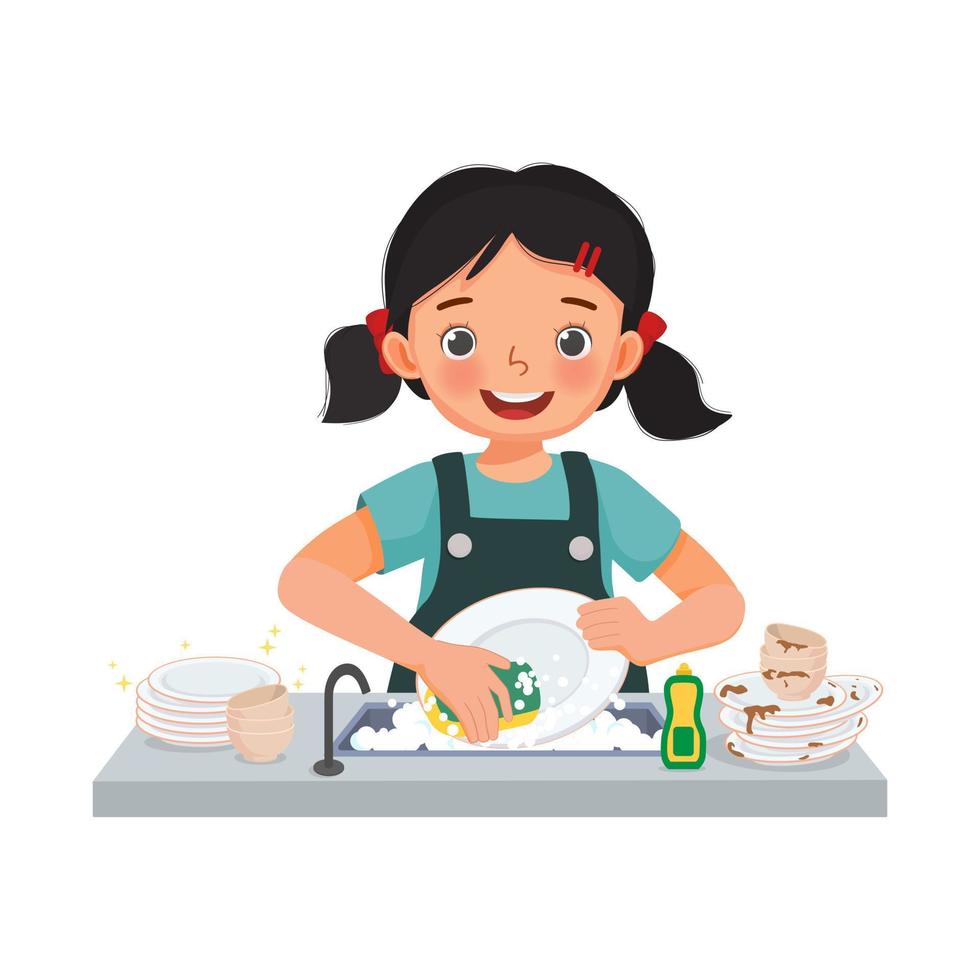 feliz linda niña lavando platos parada en el fregadero en la cocina haciendo tareas domésticas en casa vector