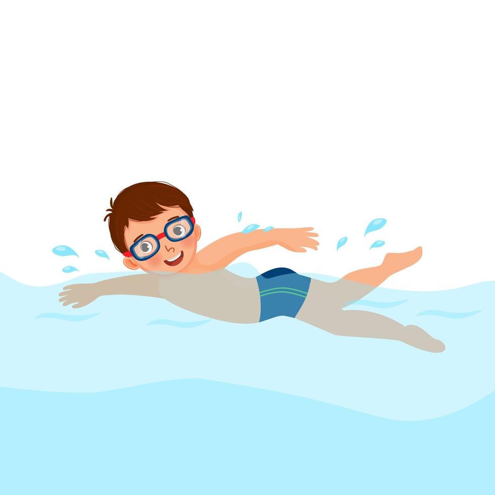 cute little boy wear googles enjoying swimming in a pool vector